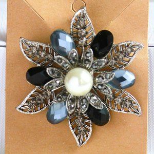 Sliver and Black Rhinestone Pin/Medallion